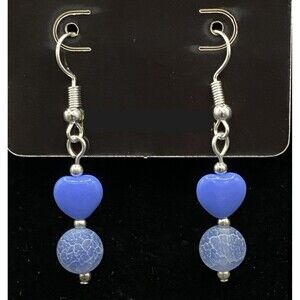 Handmade Blue Glass Heart & Fire Cracked Blue Glass Bead Earrings by Neanie-Bot